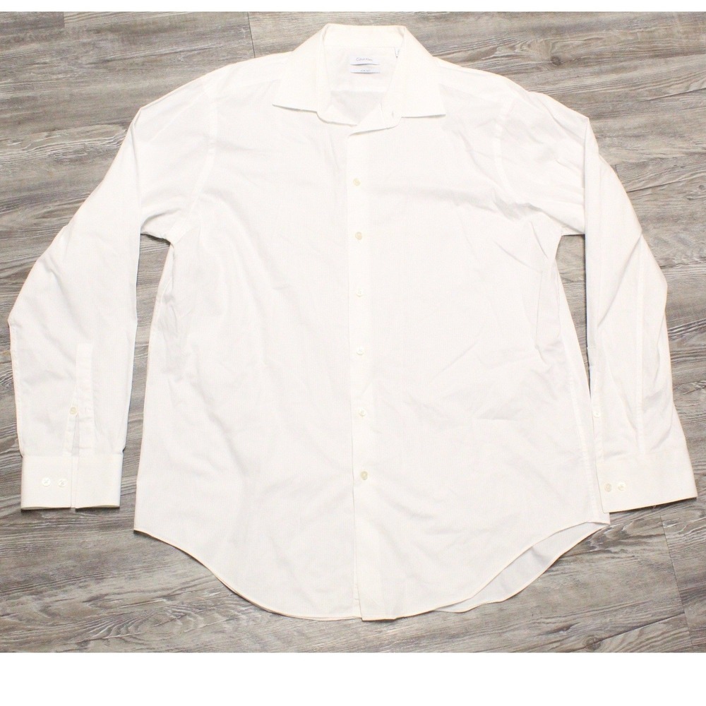 Calvin Klein Mens Slim Tall White Striped Dress Shirt 17.5 36/37 Long Sleeve